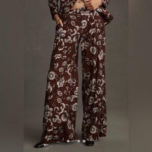 Floral Burgundy Wide-Leg Linen blend Pants by Anthropologie